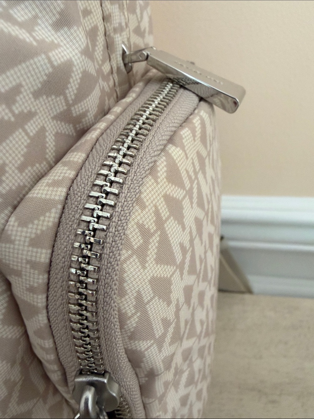 Michael Kors Beige MK woven Logo Backpack with Silver Accents - Picture 4 of 12